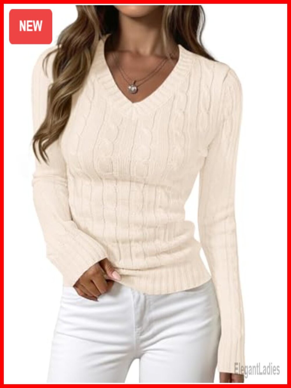 Cable Knit Fitted V Neck Long Sleeve Pullover Sweater